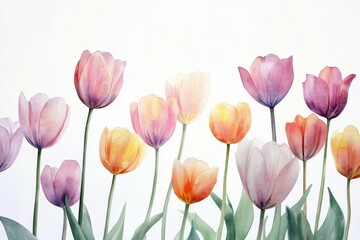 Fototapeta premium Delightful watercolor tulips blooming on pristine white canvas ideal for floral enthusiasts and art aficionados seeking beauty in nature