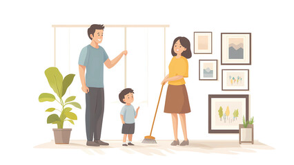 Family Home: Capturing a heartwarming scene, a family stands together in their living room, mother sweeping the floor, father gazing at the kid, and a child.