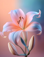 A delicate pastel-colored lily with soft pink and blue petals, accompanied by two unopened buds, set against a gradient background. Generative AI