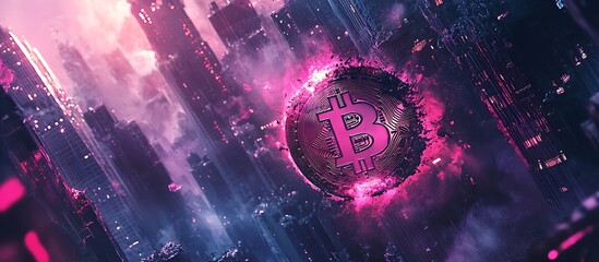 Cracked Bitcoin Coin with Smoldering Fire Over Futuristic Crumbling City
