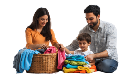 Family Laundry Day: A close-knit family, a mother, father, and young child, engage in the everyday task of folding laundry together, promoting the warmth of home life.