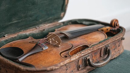 Old, rusted violin in a green velvet case. the violin is lying on its side, with its bow resting on top of it.
