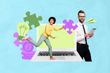 3d sketch poster trend collage of two happy business partners girl guy hold ereader laptop...