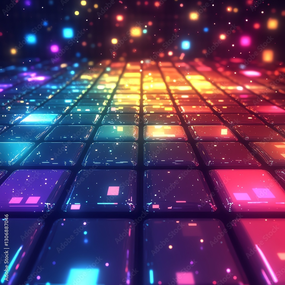 Poster a captivating retro pixelated glitch game background with neon rainbow tiles and animated square pat