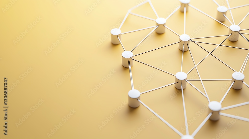 Poster abstract network concept with 3d white nodes and connections on yellow background, symbolizing commu