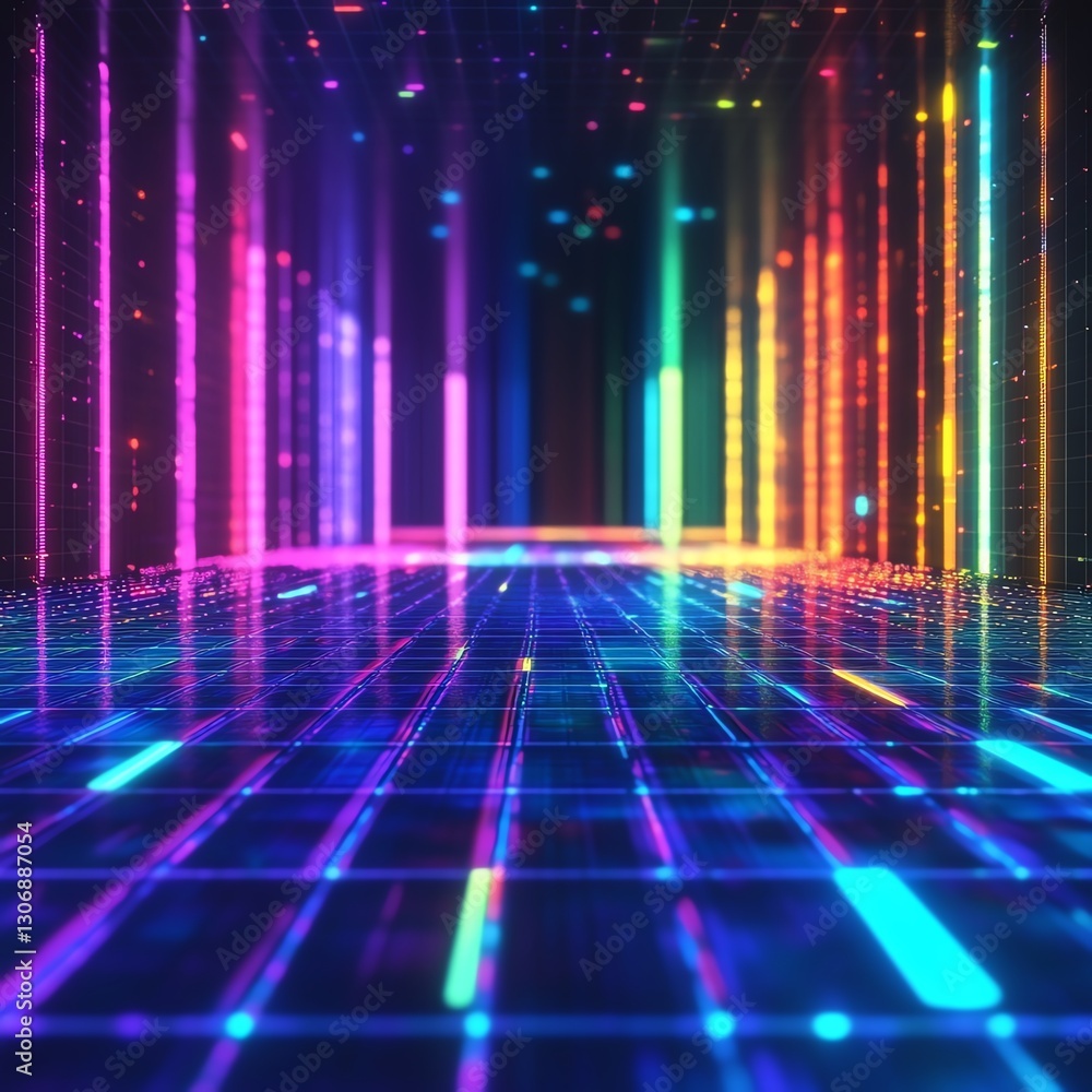 Poster a captivating retro pixelated glitch game background with neon rainbow tiles and animated square pat