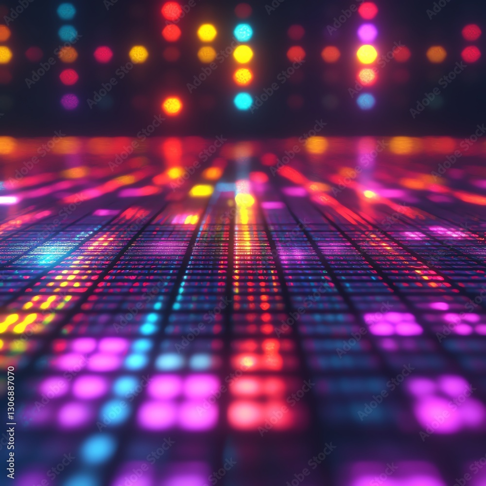 Poster a captivating retro pixelated glitch game background with neon rainbow tiles and animated square pat