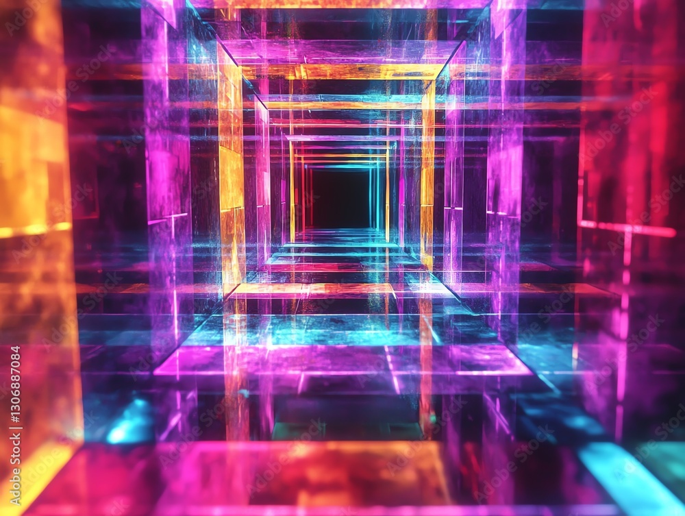 Poster a colorful retro glitch game background with neon rainbow tiles and animated square patterns