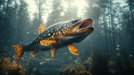 Naklejka premium Forest lake pike underwater scene