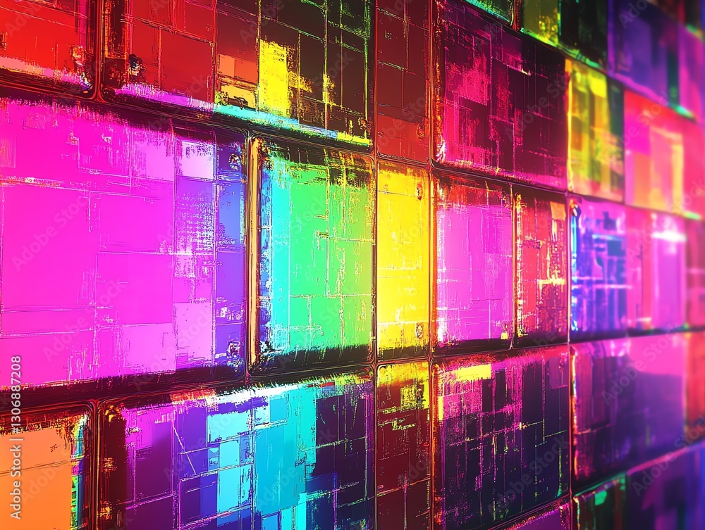 Poster a colorful retro glitch game background with neon rainbow tiles and animated square patterns