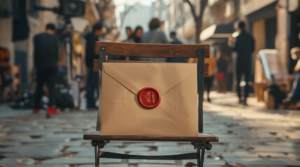 A sealed envelope with a red wax seal sits on a wooden chair in a busy city street.
