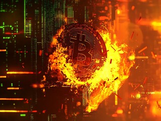 Futuristic Bitcoin in Green and Yellow Flames Crumbling on Financial Screen