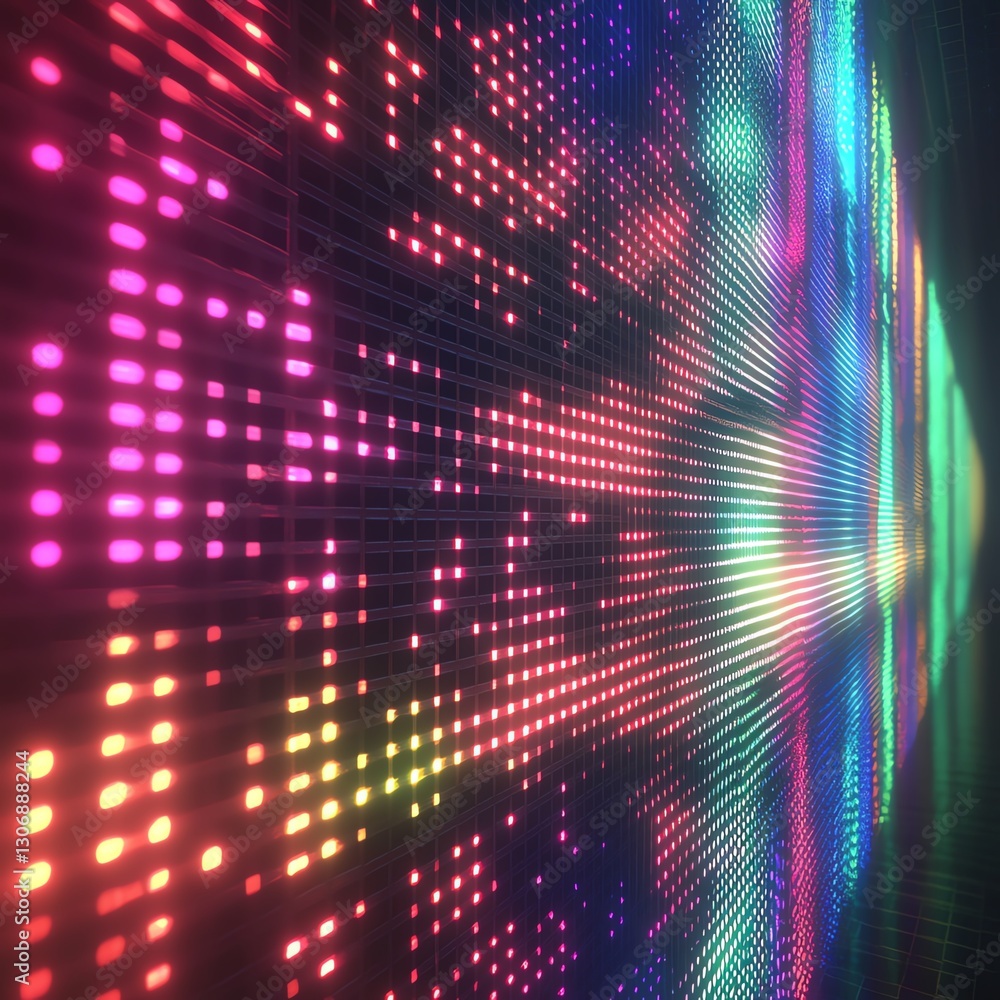 Poster a striking retro pixelated glitch game background with neon rainbow tiles and flowing animated squar