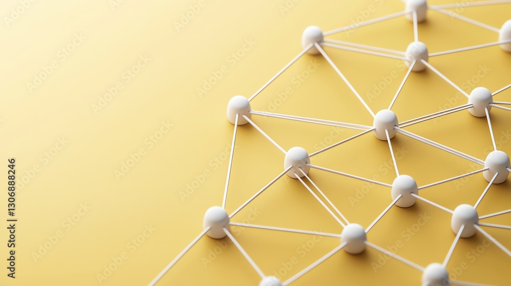 Poster abstract representation of interconnected network on yellow background, depicting modern digital com