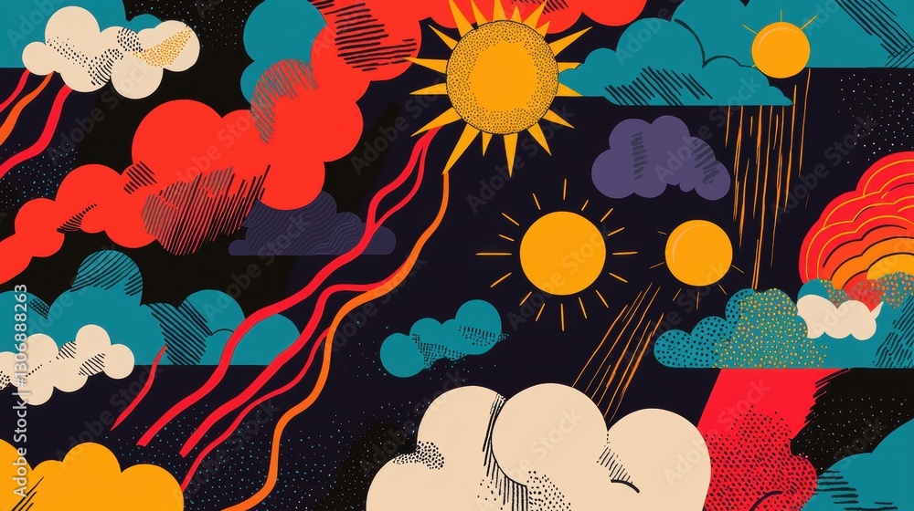 Poster illustration of a colorful sky with different types of clouds and suns. the background is black with