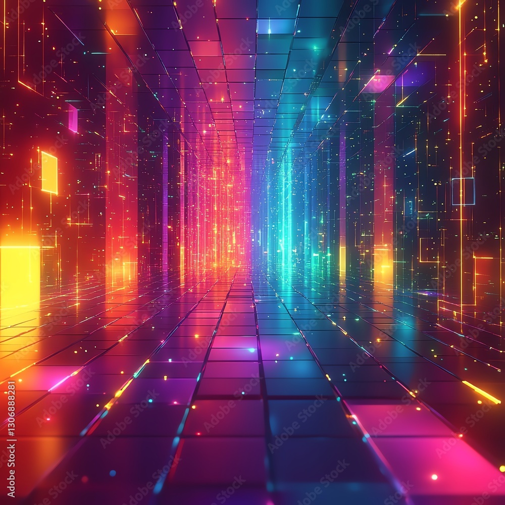Poster a striking retro pixelated glitch game background with neon rainbow tiles and flowing animated squar