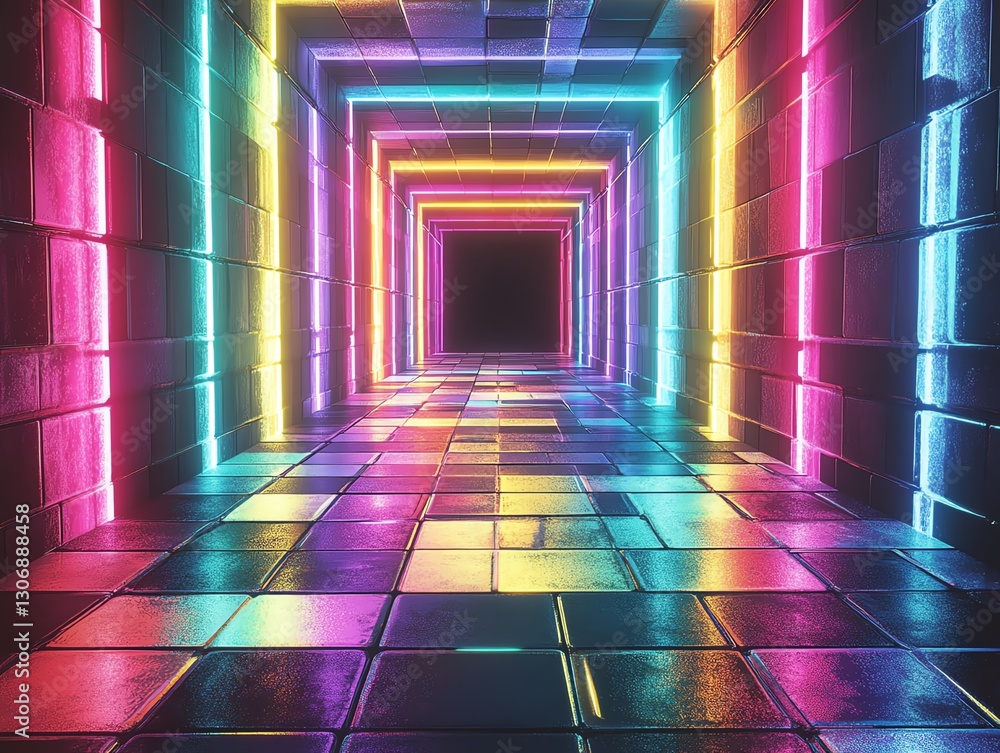 Poster a vibrant and colorful retro glitch game background with neon rainbow tiles and animated square patt