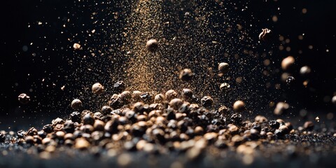 Black peppercorns exploding in dynamic motion with tiny spice particles on a dark moody background