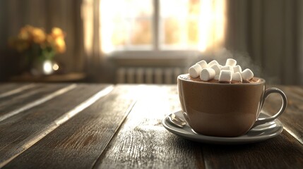 Fototapeta premium Warm cocoa with marshmallows on wooden table.