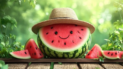 watermelon outdoors wooden table on green natural background,cartoon illustration style