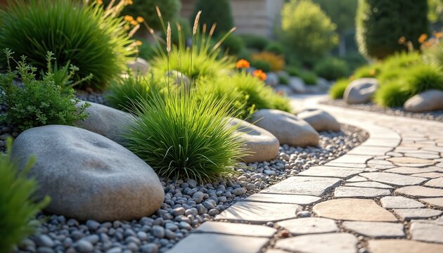 Landscaped garden with stones, river rocks. Decorative landscaping stones, plants in garden. Design of home yard with natural stone pavers, grass, gravel, trees, shrubs, foliage along backyard