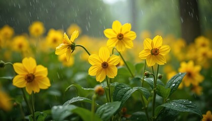 Obraz premium Close-up of bright yellow flowers covered in raindrops after heavy rain. Floral ground. Freshness of nature after spring shower. Wet petals, green leaves. Spring blossoming blooms, gardening backdrop.