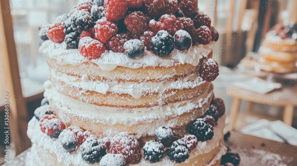 Poster the image is of a three-tiered cake with a layer of white frosting on top. the cake is placed on a w