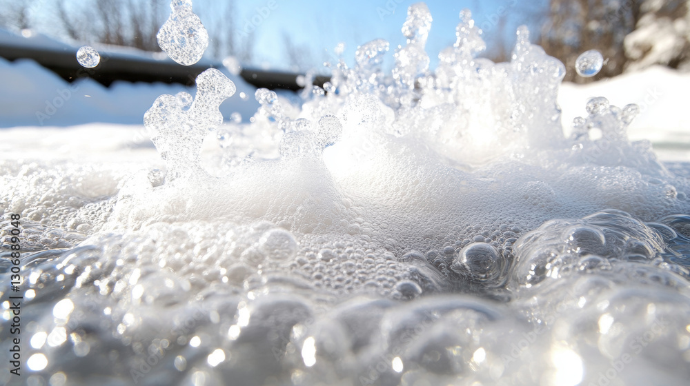 Poster wastewater treatment pond, close-up image of foam and bubbles creating an abstract texture on a surf