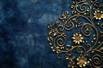 Golden Filigree Ornament with Intricate Swirls on Deep Navy-Blue Velvet Background.