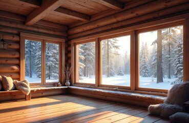 Inside wooden log cabin in winter woods. Warm, cozy interior with rustic design and natural light. Large windows look out onto snow-covered forest. Ideal for holiday, vacation, or ski trip rentals.