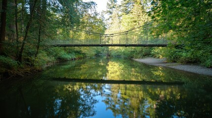 Fototapeta premium Forest River Suspension Bridge Reflection