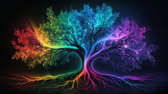 Rainbow-hued tree with glowing roots and branches against a dark background, showcasing vibrant colors and mystical energy, symbolizing life, growth, and interconnectedness