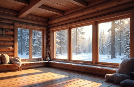 Inside wooden log cabin in winter woods. Warm, cozy interior with rustic design and natural light. Large windows look out onto snow-covered forest. Ideal for holiday, vacation, or ski trip rentals.