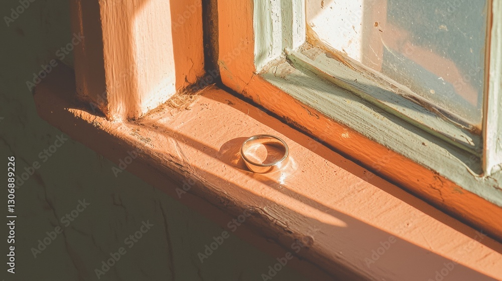 Aufkleber close-up of a window sill with a single ring resting on it. the window is old and weathered, with pe