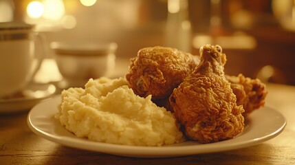 Crispy fried chicken drumsticks served with creamy mashed potatoes on a plate. (1)