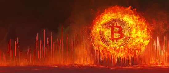 Molten Bitcoin Melting in Flames Against Financial Chart with Red Graph