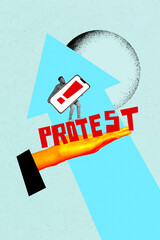 Trend artwork banner sketch 3D collage of banner strike leader picket social young man stand big hand protest hold smartphone vote strike