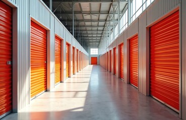 Indoor corridor of self storage units with orange doors. Rental units offer secure warehouse space, save room. Commercial property provides moving, relocation service, unit secure with lock, modern