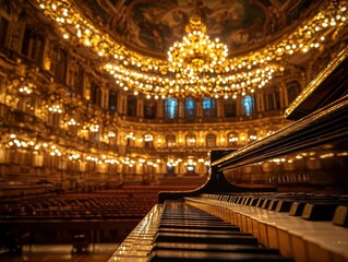 Obraz premium A close-up captures the fine details of a glossy black grand piano, its pristine surface reflecting a golden chandelier above. 