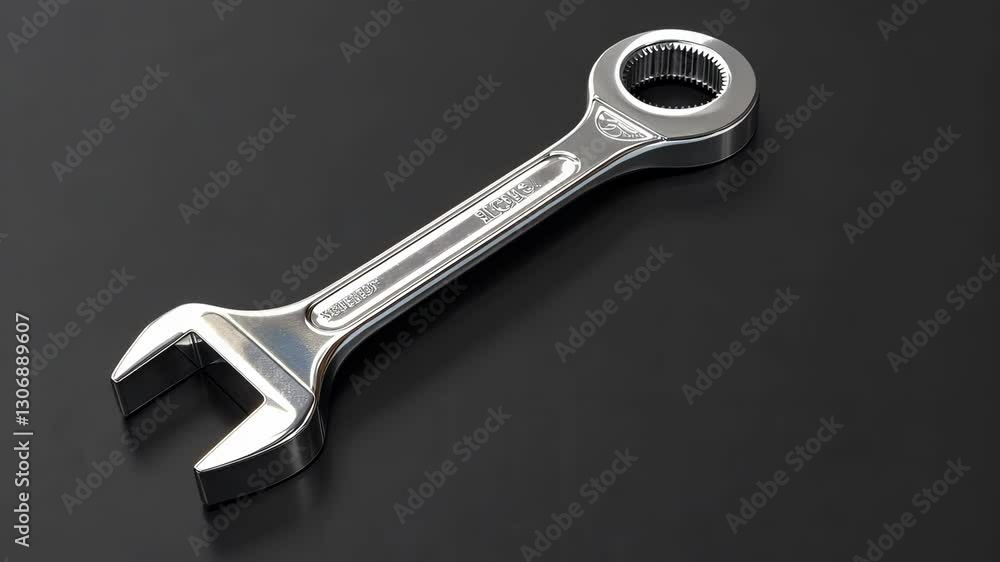 Poster tool demonstration featuring a chrome wrench on a dark surface highlighting its design and utility f