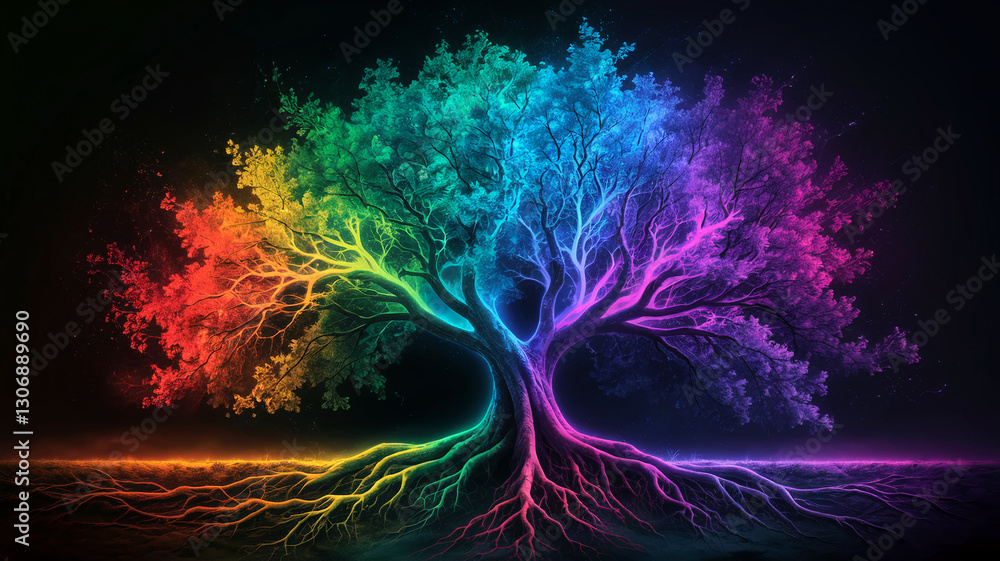 Poster rainbow-hued tree with visible roots against a dark background, showcasing vibrant colors and intric