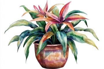 A lively watercolor depiction of a blossoming houseplant in a stylish pot, ideal for seasonal gardening themes and appealing to nature fans and home decor admirers