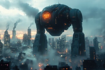 Giant combat mech walking through a dystopian cityscape