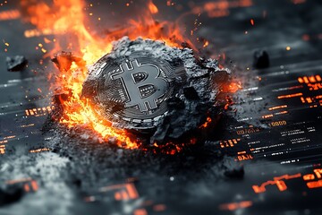 Silver Bitcoin Turning to Charcoal Amid White-Hot Flames and Shattered Stock Ticker
