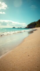 Fototapeta premium Paradise sandy beach with clear turquoise ocean water. Porto de Galinhas seaside in Pernambuco Brazil. Blue sky with clouds, tropical coast on sunny summer day. Seascape background for vacation.