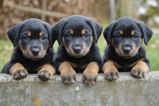 Puppy Beauceron: Three Little Puppies Laying and Sitting in Nature
