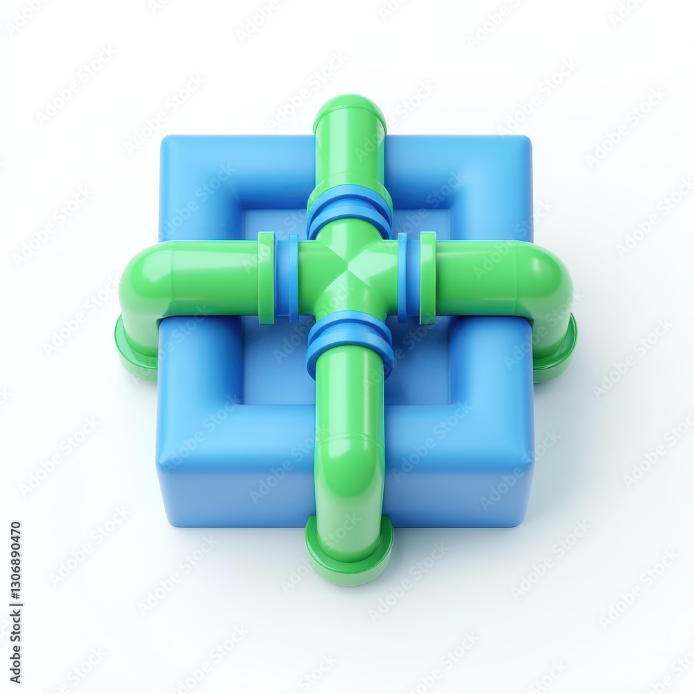 Poster abstract green and blue pipes interconnected in a square structure 3d rendering