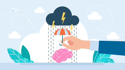 Sad feeling of depression concept, bad mood, anger and stress. Mental health protection concept, help for depression, anxiety, man using umbrella to protect human brain from storm. Vector illustration