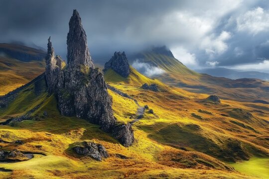Scotish Mountain Landscape with Moody Weather and Beautiful Clouds in Background