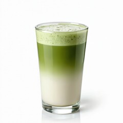 Matcha latte in glass isolated on white backdrop. Green tea beverage with milk, cream foam. Hot healthy Japanese drink. Natural organic herbal refreshment. Trendy oriental cocktail with froth,